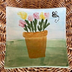 One-of-a-kind hand-painted ceramic dish, flower pot with bumble bee